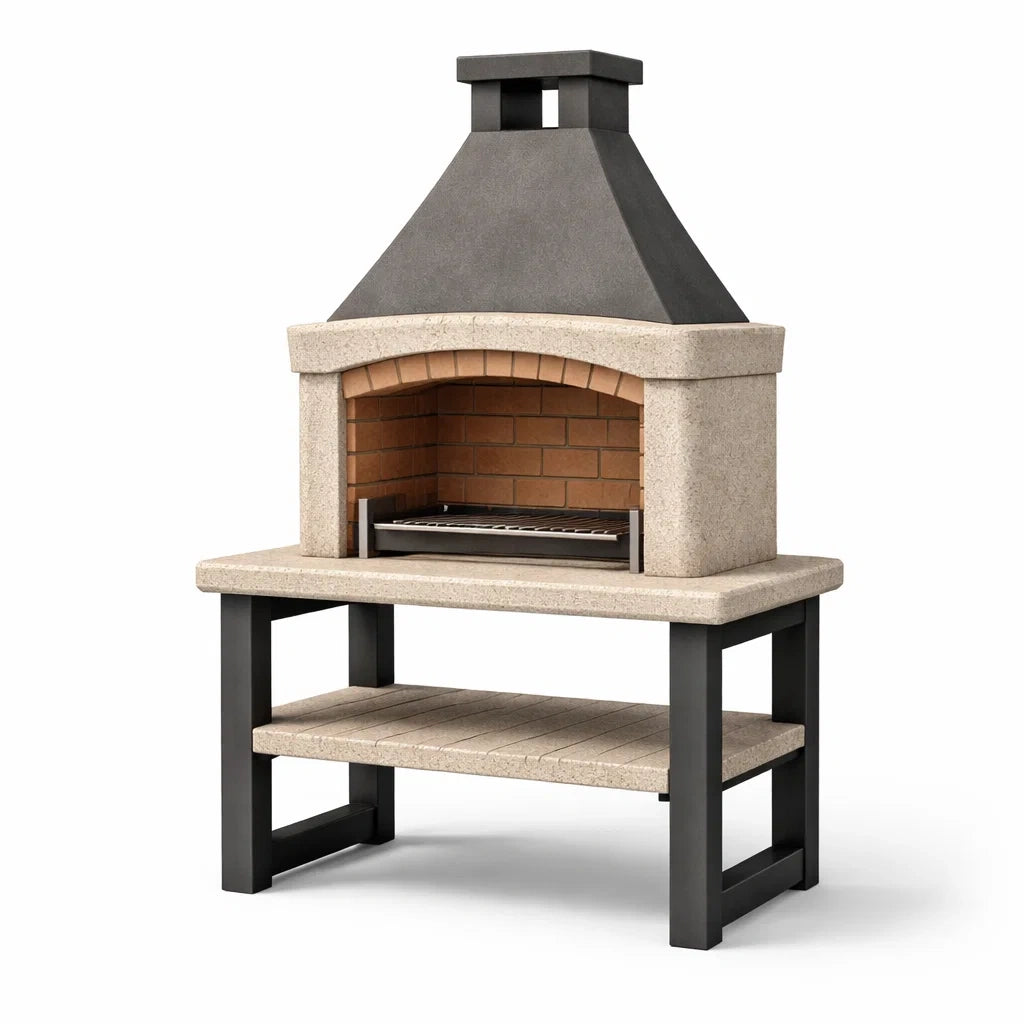 Forno a legna da esterno in cemento e acciaio con mattoni 120x90x160 cm