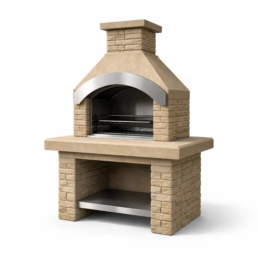 Forno a Legna da Esterno in Pietra Refrattaria e Acciaio Inox, Beige