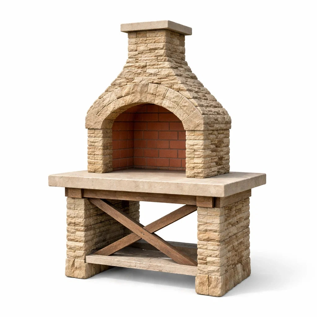 Barbecue da Esterno in Pietra Ricostruita e Legno