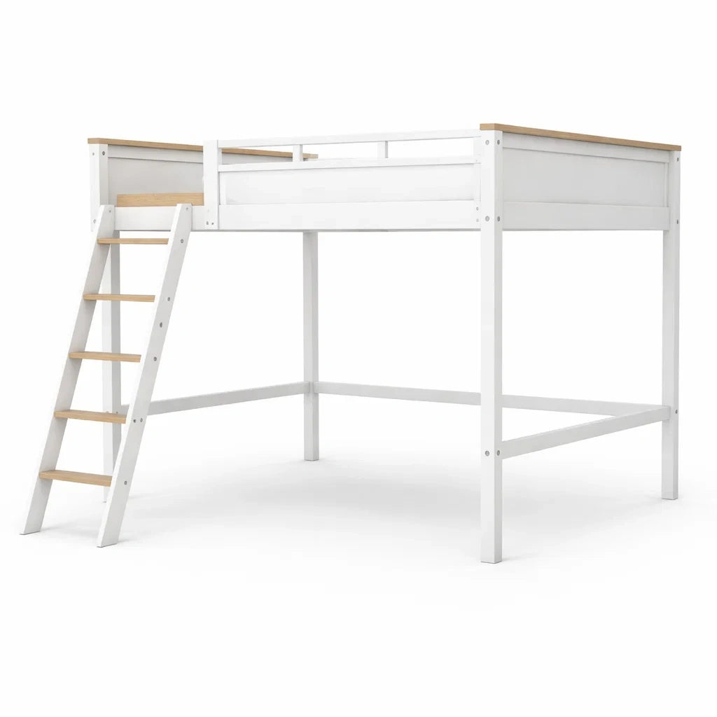 Letto a Soppalco in Legno e MDF Bianco con Scala