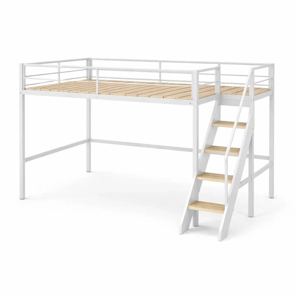 Letto a Soppalco in Metallo Bianco e Legno di Pino