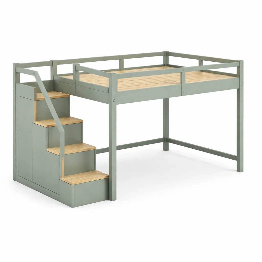 Letto a Soppalco in Legno con Scale e Contenitore