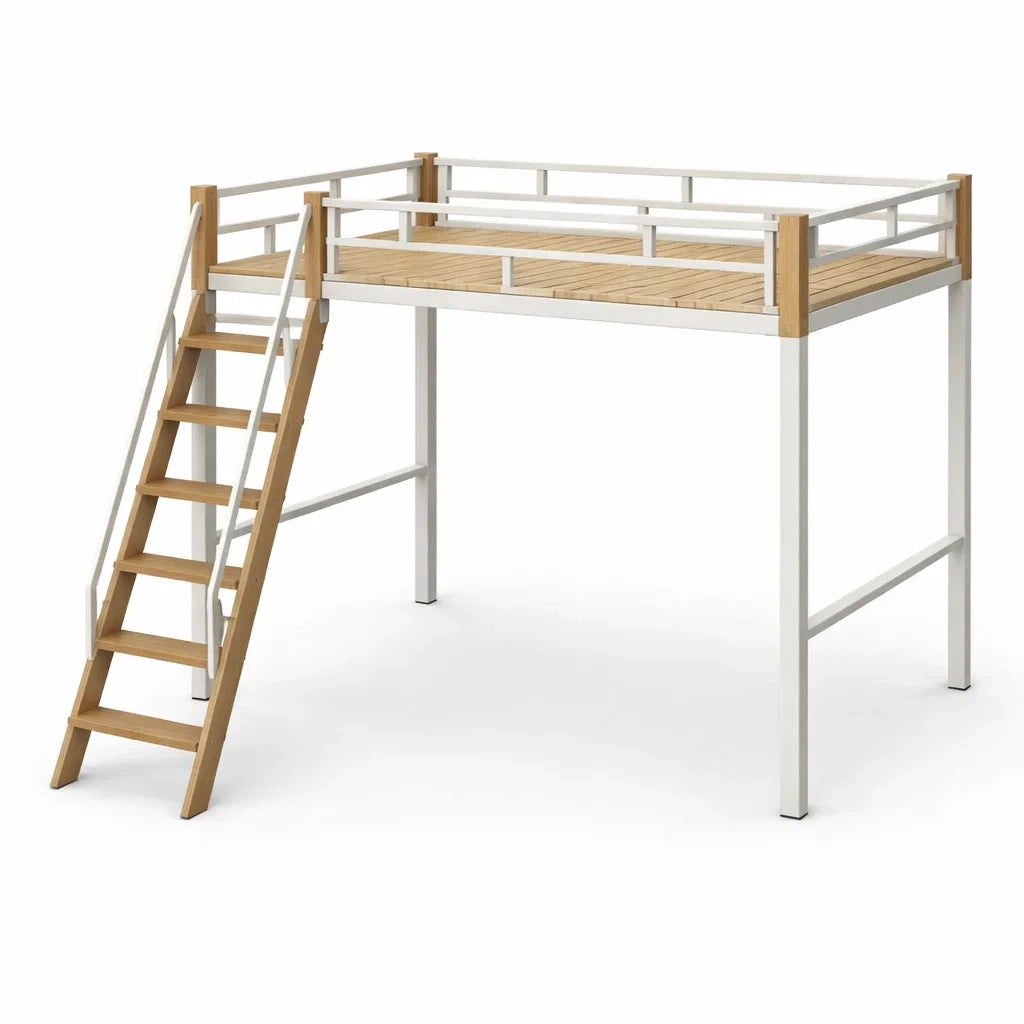 Letto a soppalco in legno e metallo con scala