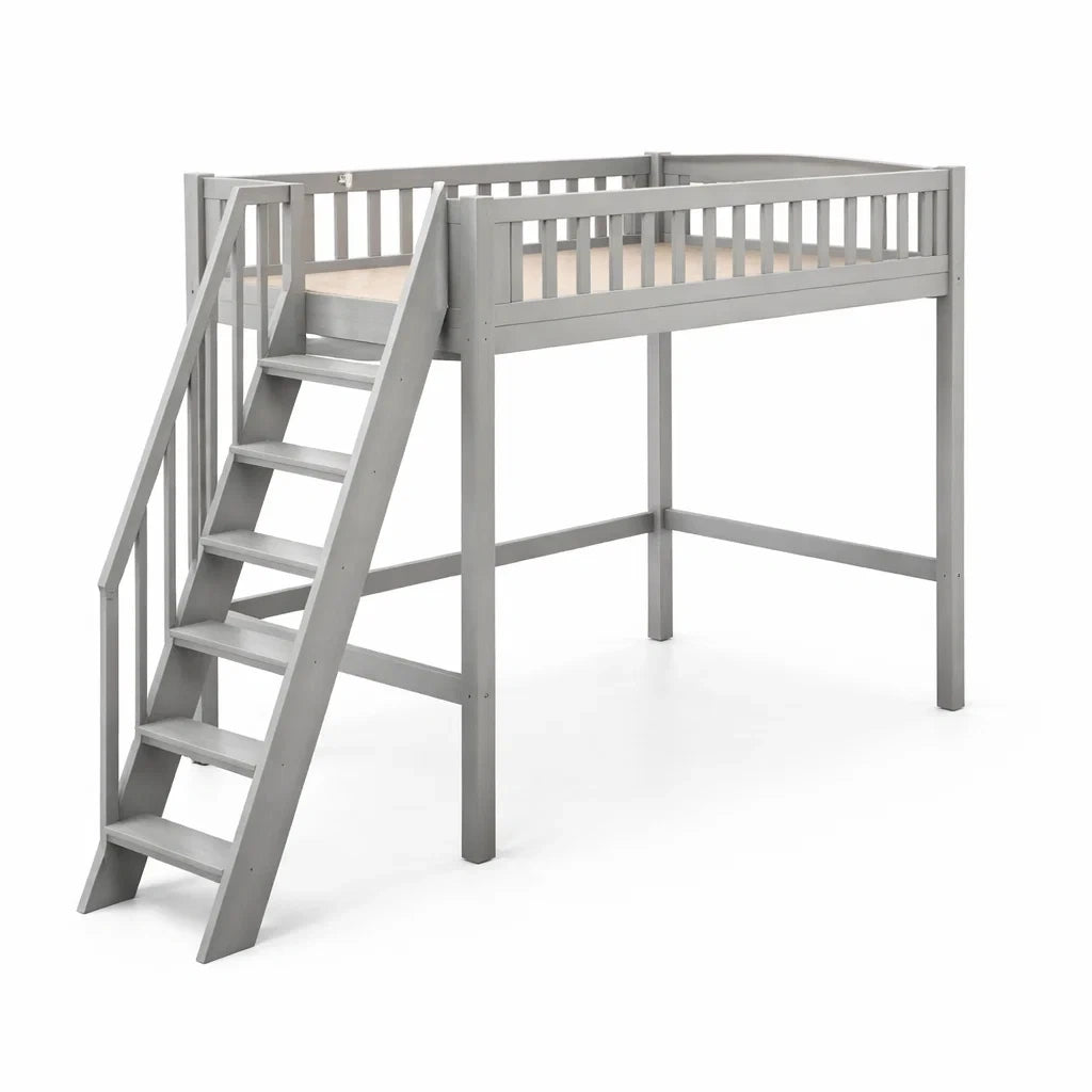 Letto a Soppalco in Legno di Pino Grigio con Scala