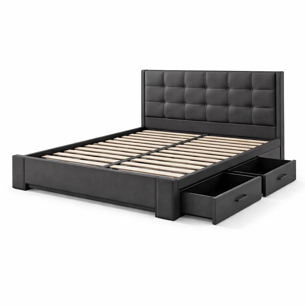 Letto matrimoniale in similpelle nera con cassetti, 160x200 cm