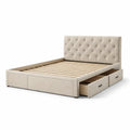 Letto matrimoniale con contenitore e testiera imbottita in tessuto beige