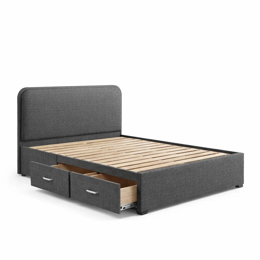 Letto matrimoniale in legno e tessuto con cassetti grigio