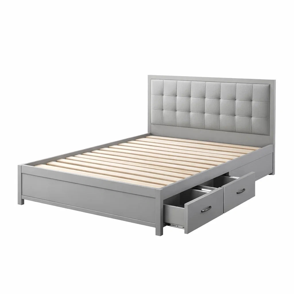 Letto matrimoniale in legno con testiera imbottita e cassetti grigi