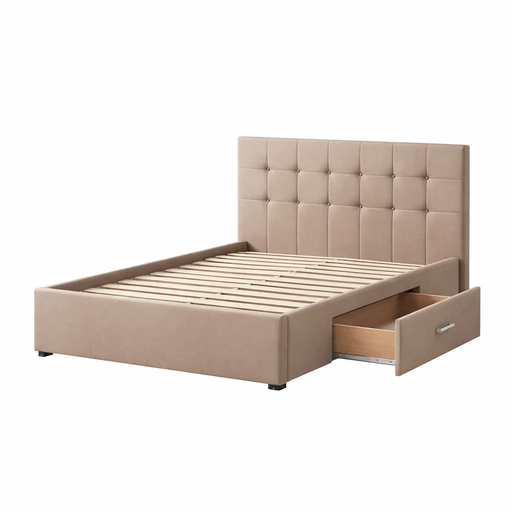 Letto matrimoniale con contenitore in tessuto beige