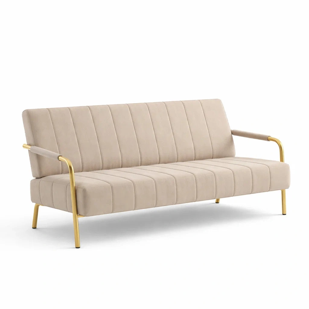 Divano in tessuto vellutato beige e metallo dorato