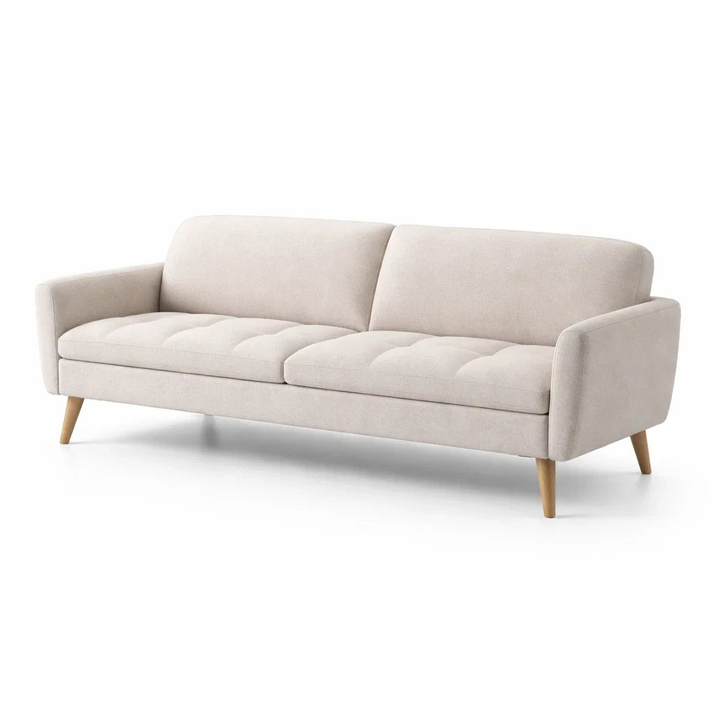 Divano 3 posti poliestere beige gambe in legno 210x85x75 cm