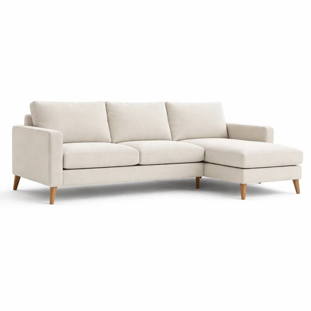 Divano angolare in tessuto poliestere con chaise longue e gambe in legno massello