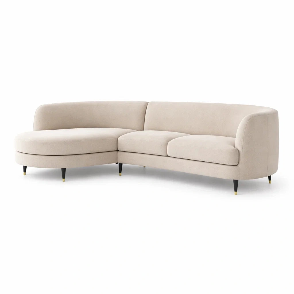 Divano ad angolo in tessuto beige con gambe in metallo