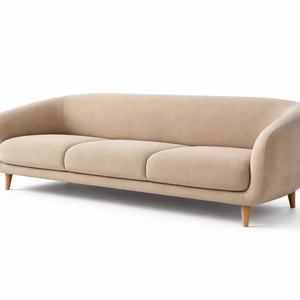 Divano a 3 Posti in Tessuto Beige con Gambe in Legno Massello
