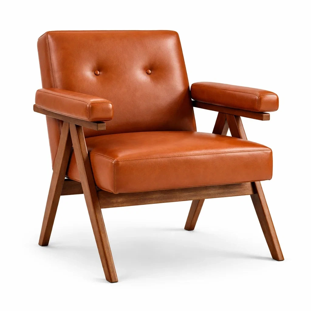 Poltrona in Pelle Sintetica Marrone con Struttura in Legno