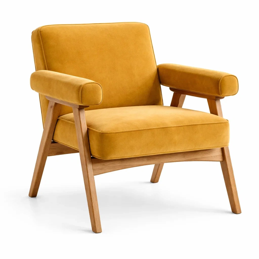Poltrona in legno con rivestimento in velluto giallo