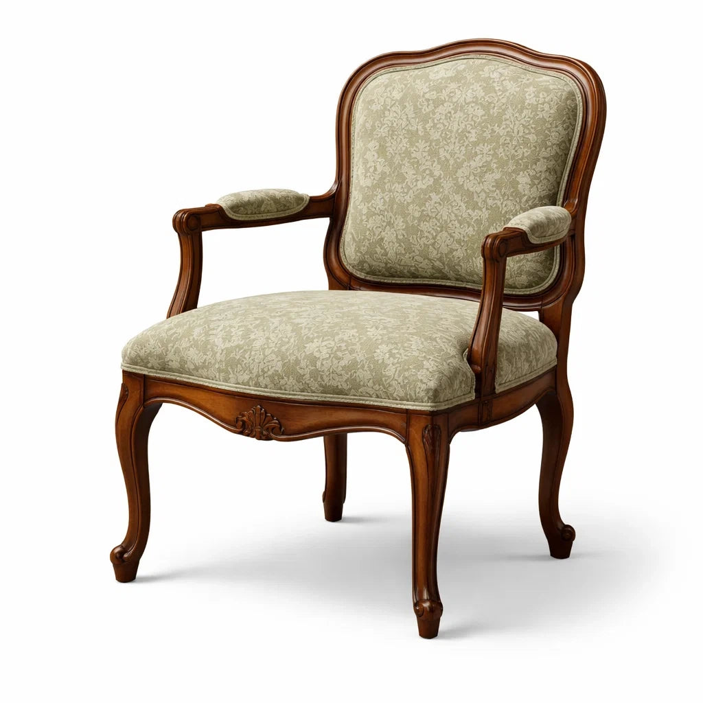 Poltrona in Legno Massello con Tessuto Jacquard Beige