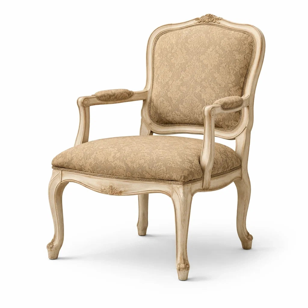 Poltrona in Tessuto Jacquard Beige con Struttura in Legno