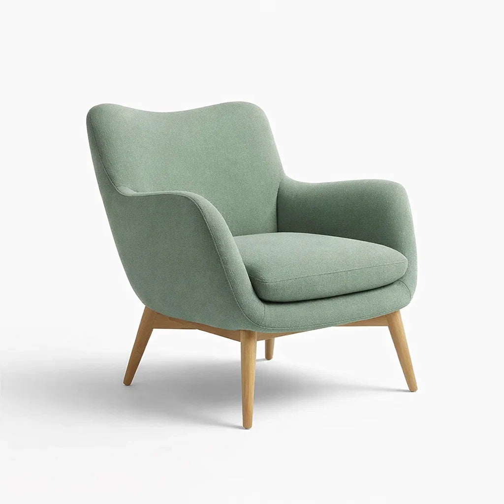Poltrona in Tessuto Poliestere Verde con Gambe in Legno di Faggio