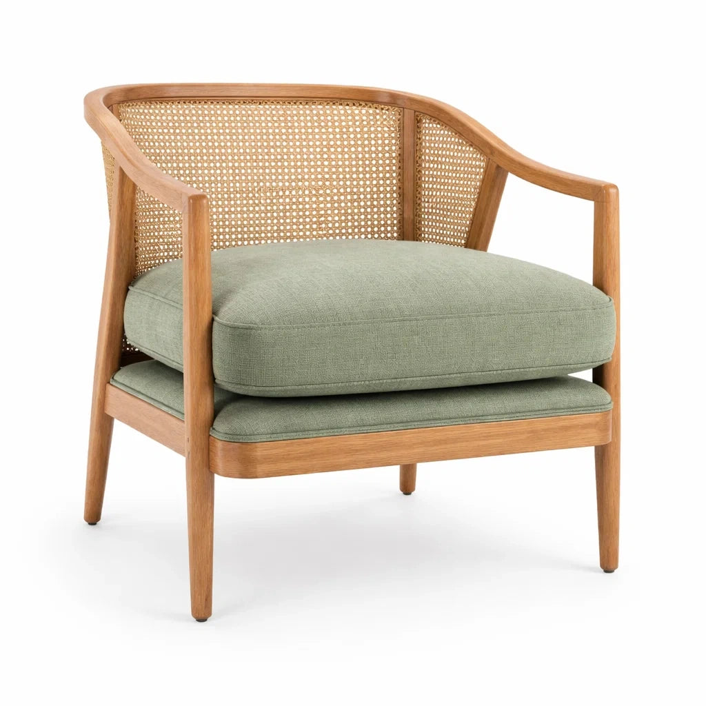 Poltrona in Legno con Schienale in Rattan e Seduta Verde