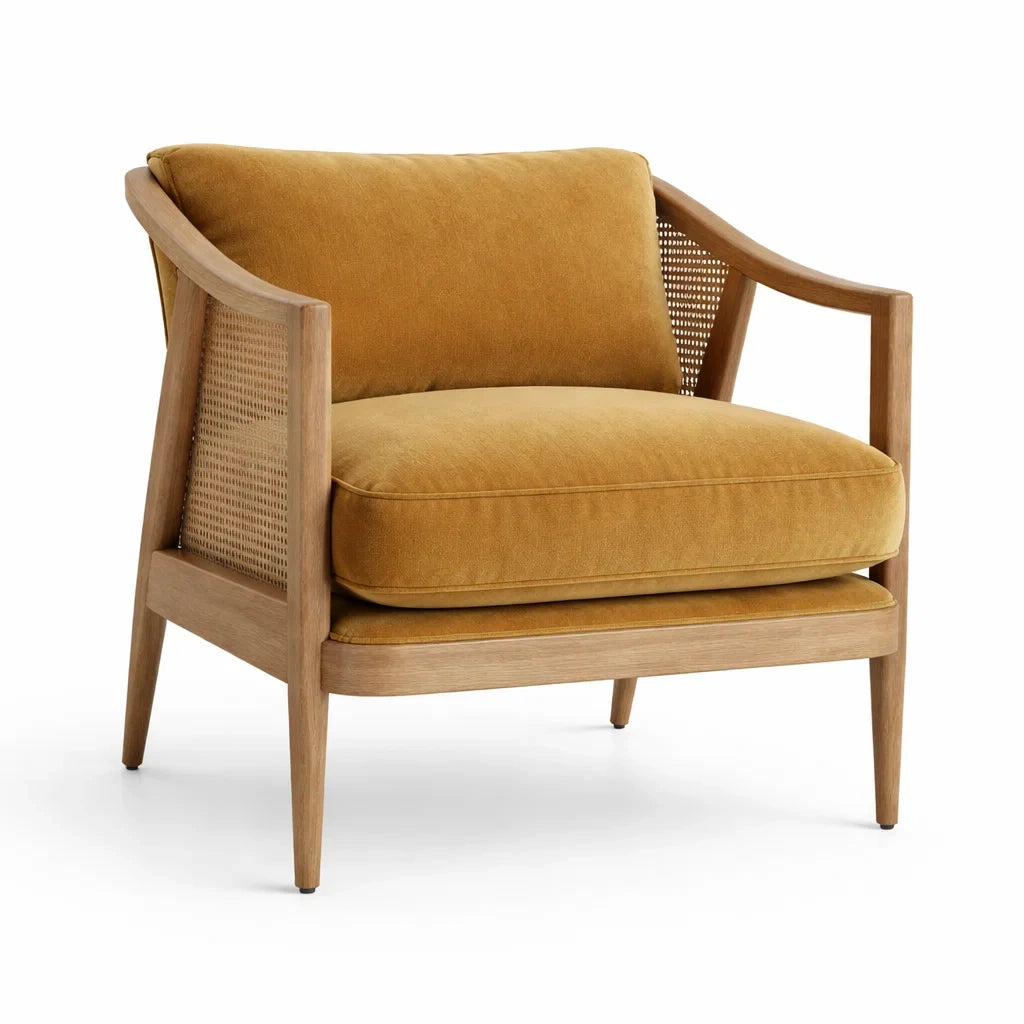 Poltrona in Legno e Velluto Giallo con Schienale in Rattan