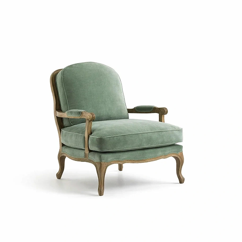 Poltrona in Velluto Verde con Struttura in Legno