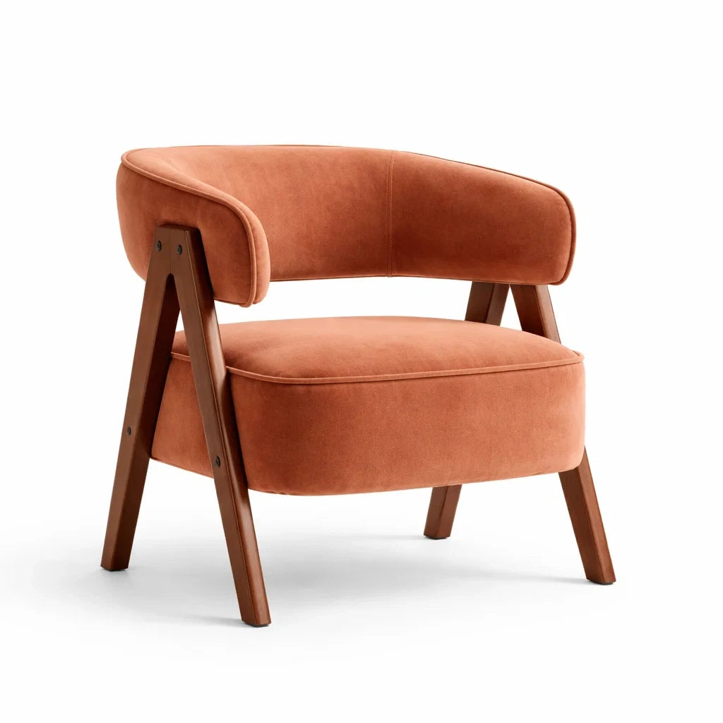 Poltrona in Velluto Arancione con Struttura in Legno