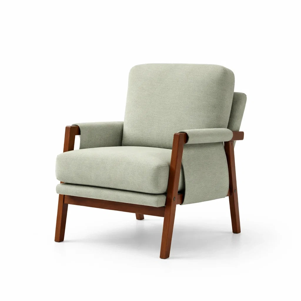 Poltrona in Tessuto Grigio Chiaro con Struttura in Legno