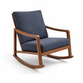 Sedia a dondolo in legno con cuscino in tessuto blu scuro