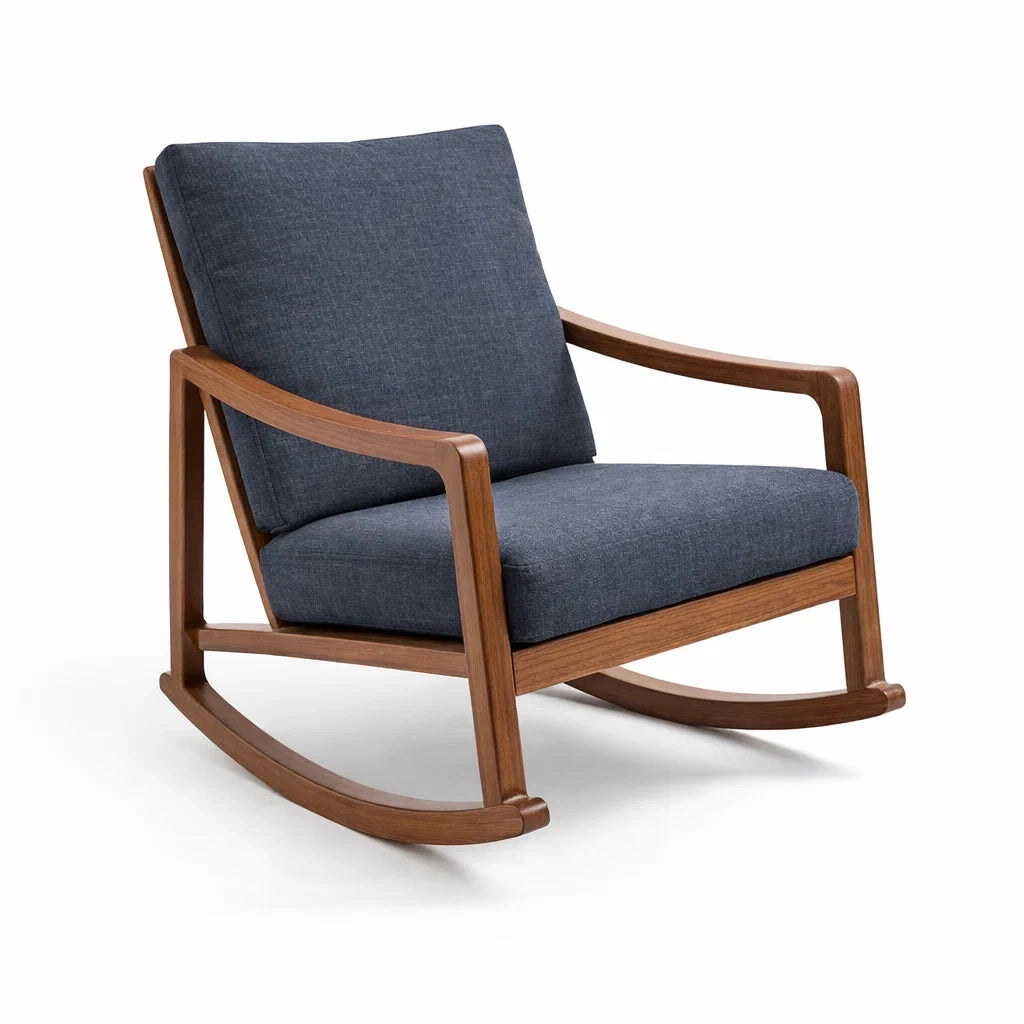 Sedia a dondolo in legno con cuscino in tessuto blu scuro