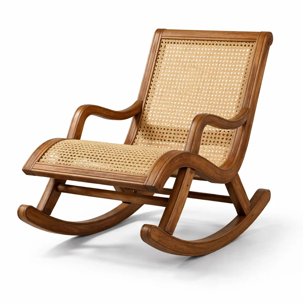 Sedia a Dondolo in Legno con Seduta in Rattan