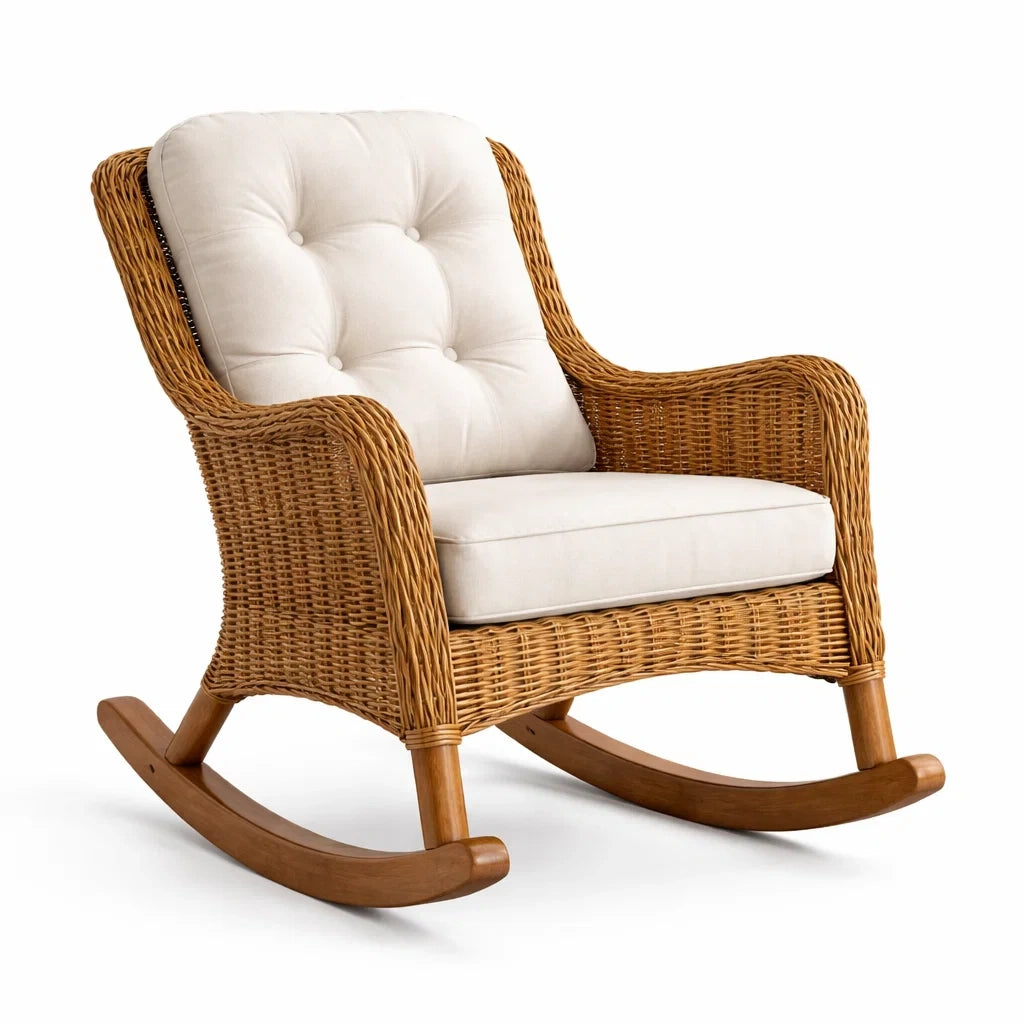 Sedia a Dondolo in Rattan con Cuscino in Cotone