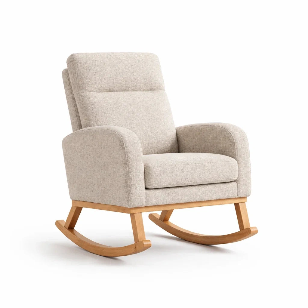 Poltrona a dondolo in tessuto con struttura in legno, beige
