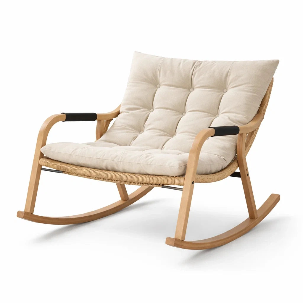 Poltrona a dondolo in legno e tessuto beige