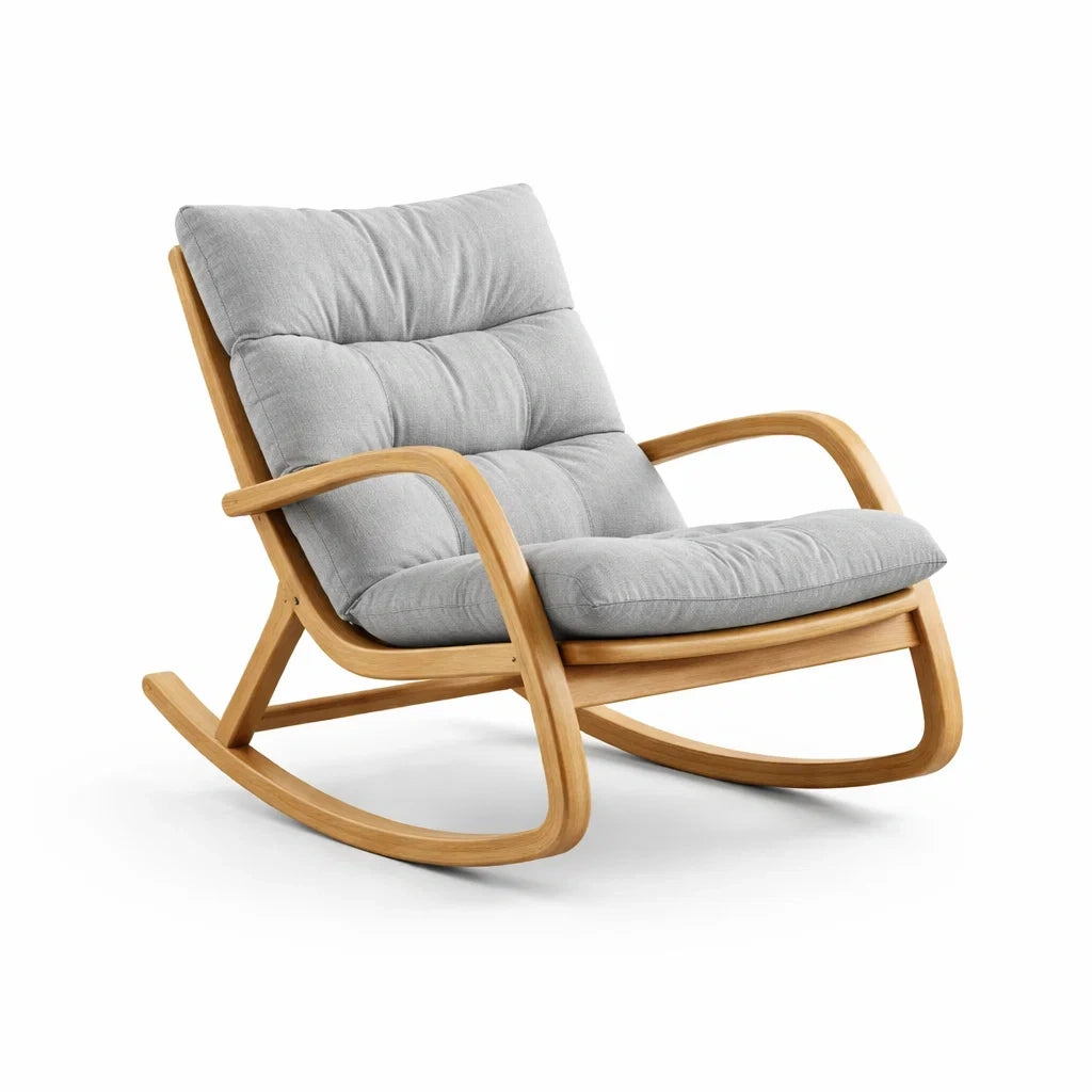 Sedia a Dondolo in Legno con Rivestimento in Poliestere Grigio