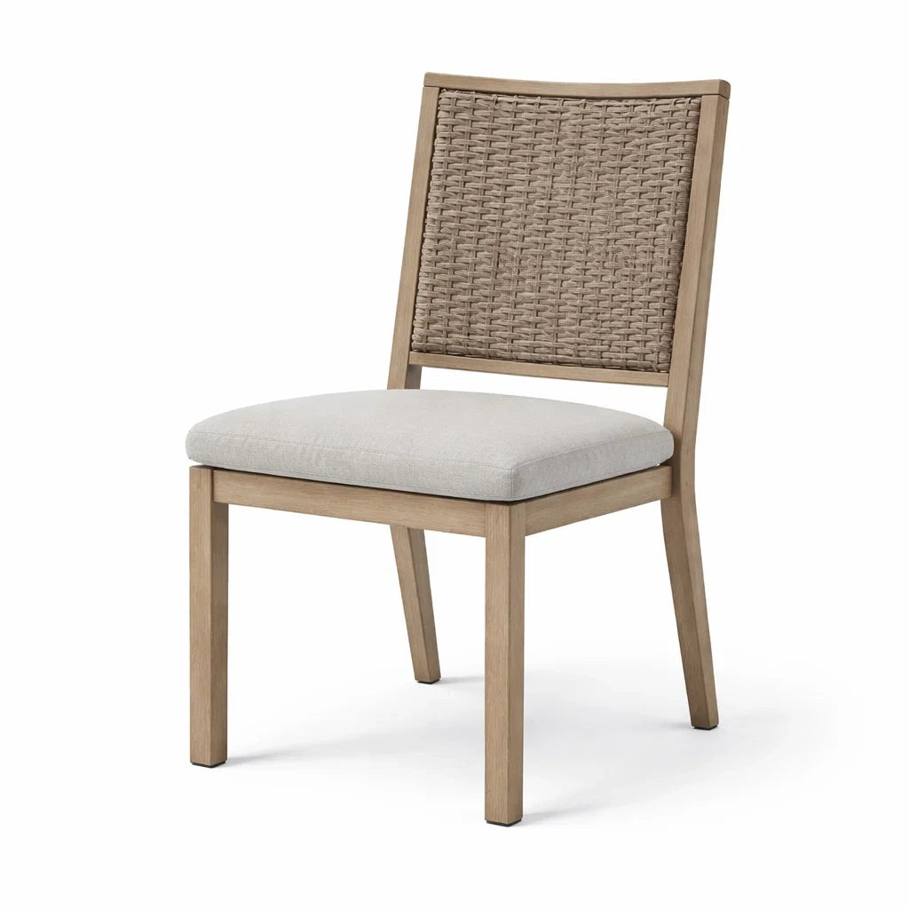 Sedia in Legno con Schienale in Rattan e Seduta in Tessuto Poliestere