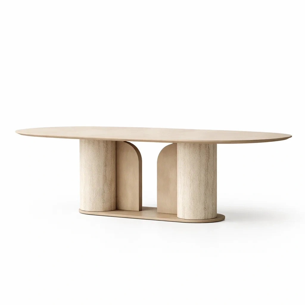 Tavolo da pranzo ovale in legno composito e travertino 200x100x75cm